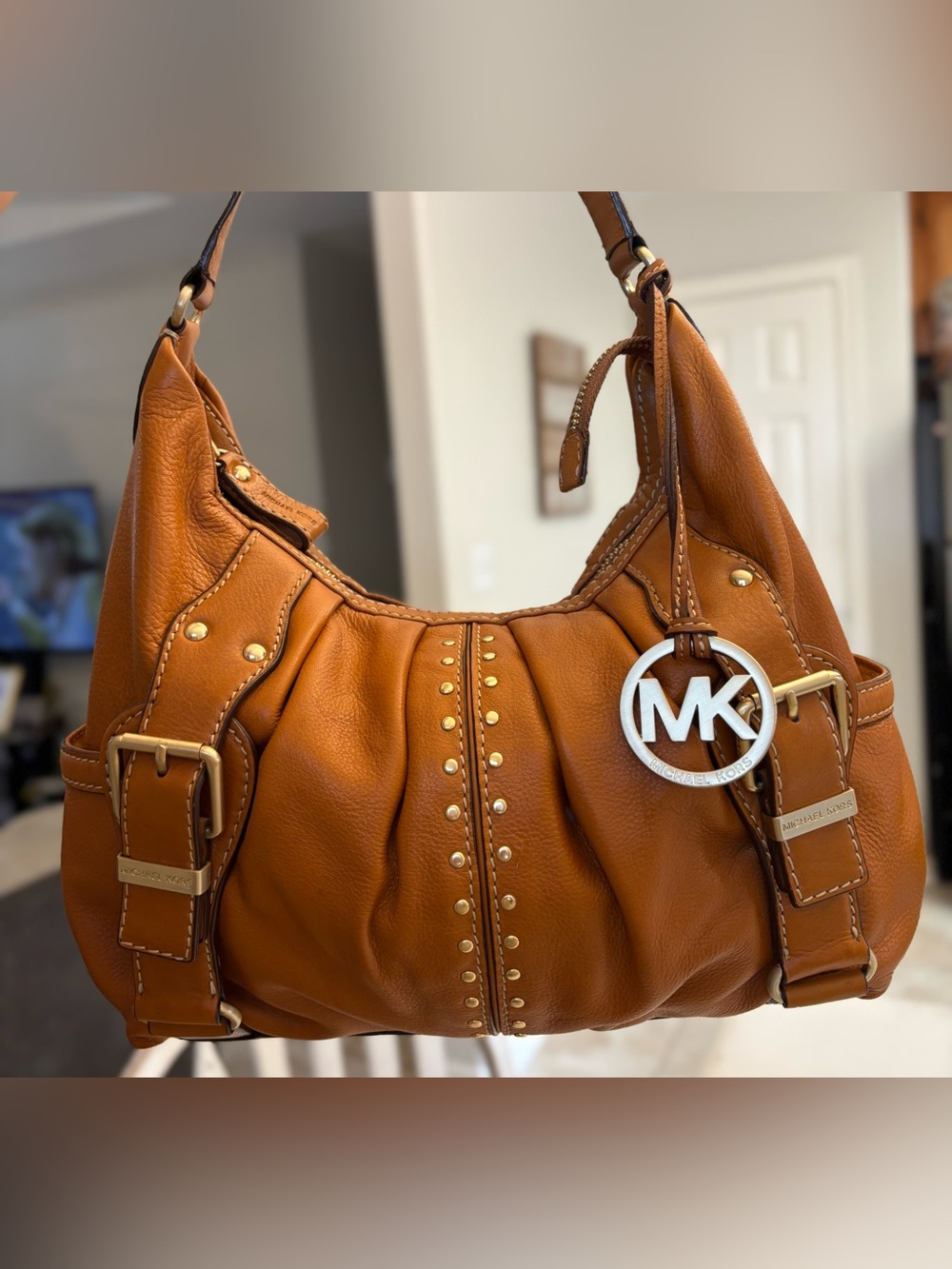 Vintage Michael Kors Astor Cognac Pebbled Leather Studded Hobo Shoulder Bag
